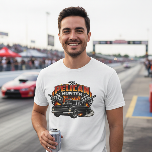 Man wearing a 'Pelican Hunter' t-shirt on a race track