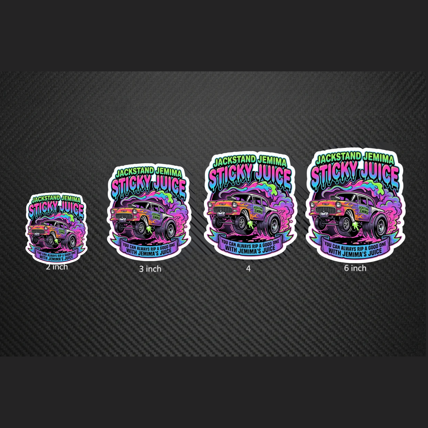 Set of four colorful stickers with 'Sticky Juice' branding on a black background