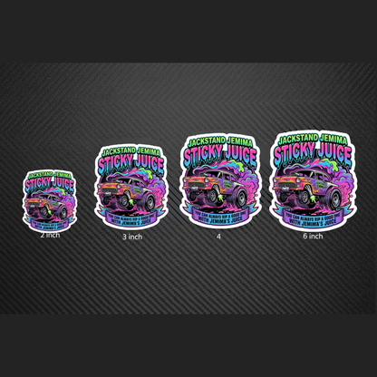 Set of four colorful stickers with 'Sticky Juice' branding on a black background