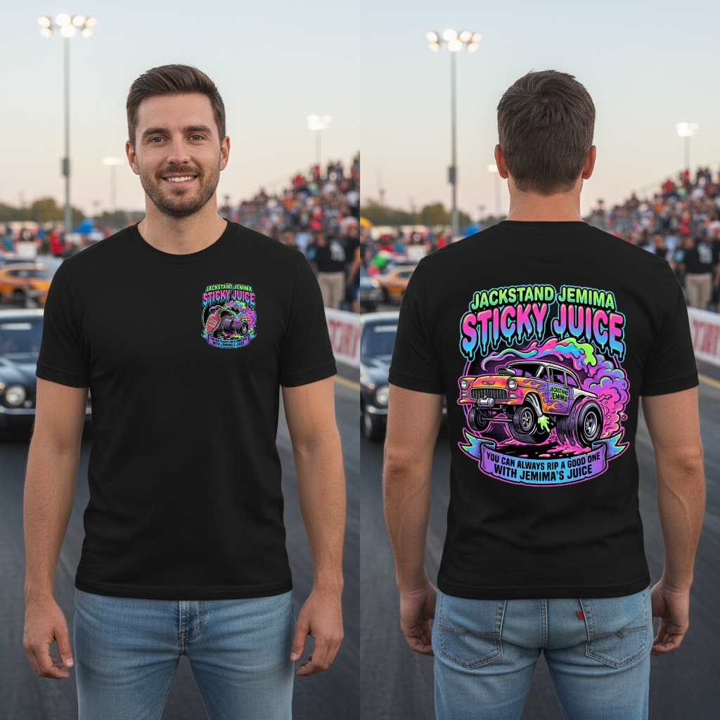 Two men wearing black t-shirts with colorful graphics and 'Jackedstand Jemima Sticky Juice You Can Always Rip A Good One With Jemima's Juice' text, standing on a racetrack showing front and back of shirt