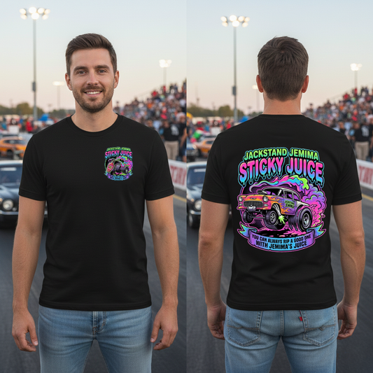 Two men wearing black t-shirts with colorful graphics and 'Jackedstand Jemima Sticky Juice You Can Always Rip A Good One With Jemima's Juice' text, standing on a racetrack showing front and back of shirt
