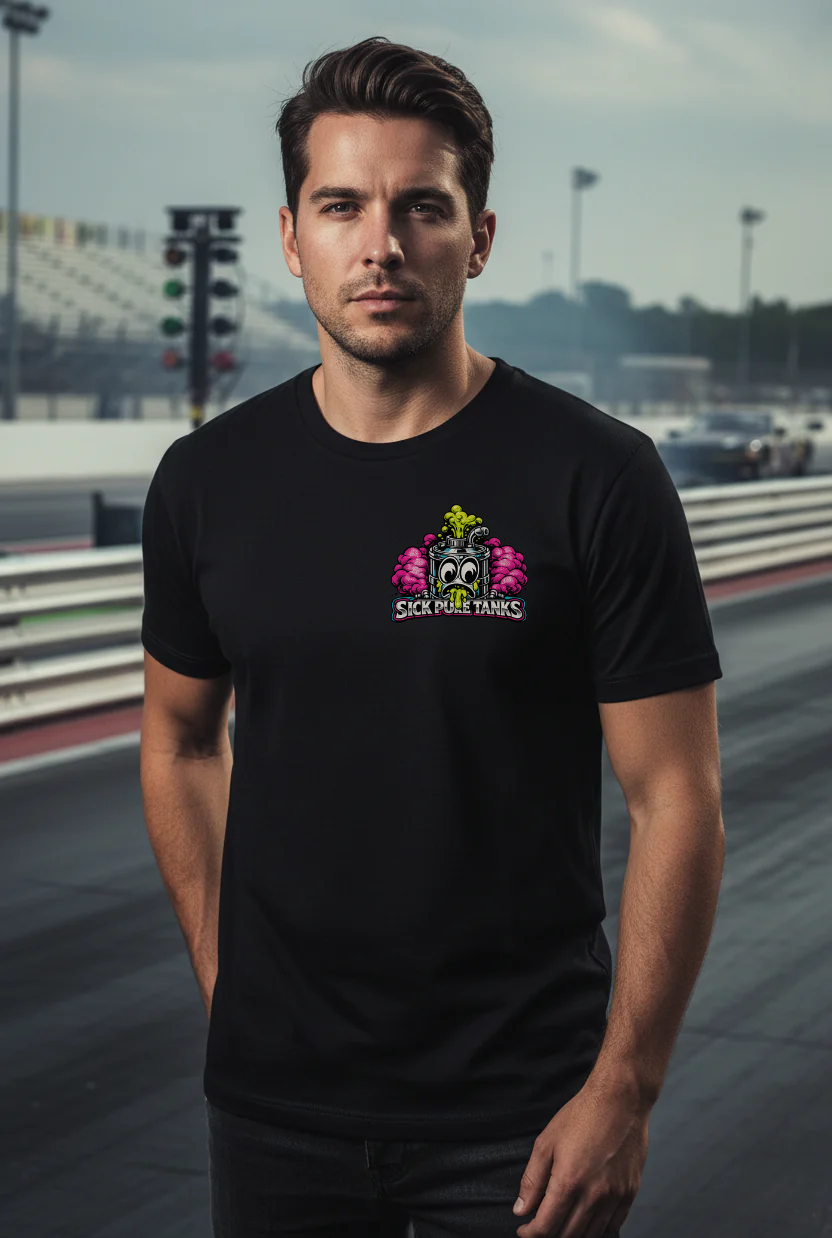 Man wearing a black t-shirt with a colorful 'Sick Puke Tanks' logo standing on a drag strip