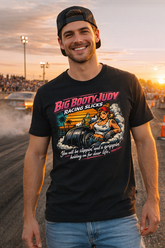 Man wearing a black t-shirt with a graphic design and 'Big Booty Judy Racing Slicks You will be slippin' and a grippin' holding on for dear life' text, standing on a race track at sunset.