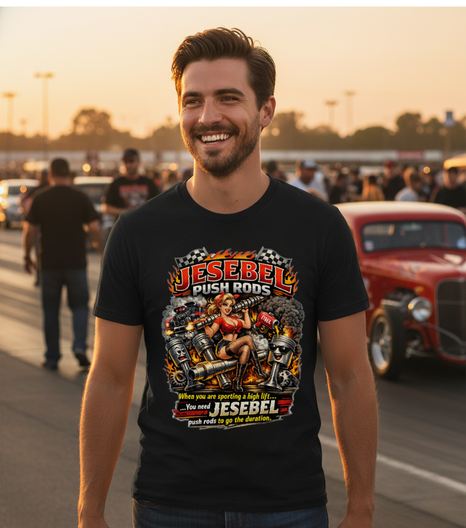 Man wearing a black t-shirt with a graphic design of a woman on a motorcycle with 'Jesebel Push Rods When you are sporting a high lift you need Jesebel push rods to go the duration' text, standing in front of a red car at a race track.