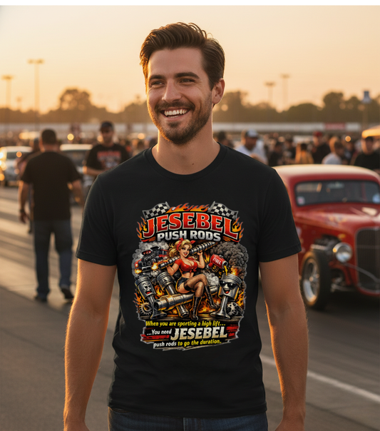 Man wearing a black t-shirt with a graphic design of a woman on a motorcycle with 'Jesebel Push Rods When you are sporting a high lift you need Jesebel push rods to go the duration' text, standing in front of a red car at a race track.