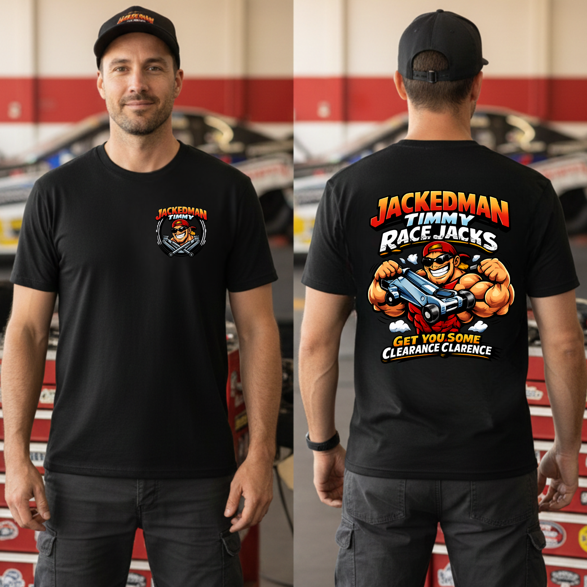 Person wearing a black t-shirt with 'Jackedman Timmy Race Jacks' graphic design, shown from front and back.