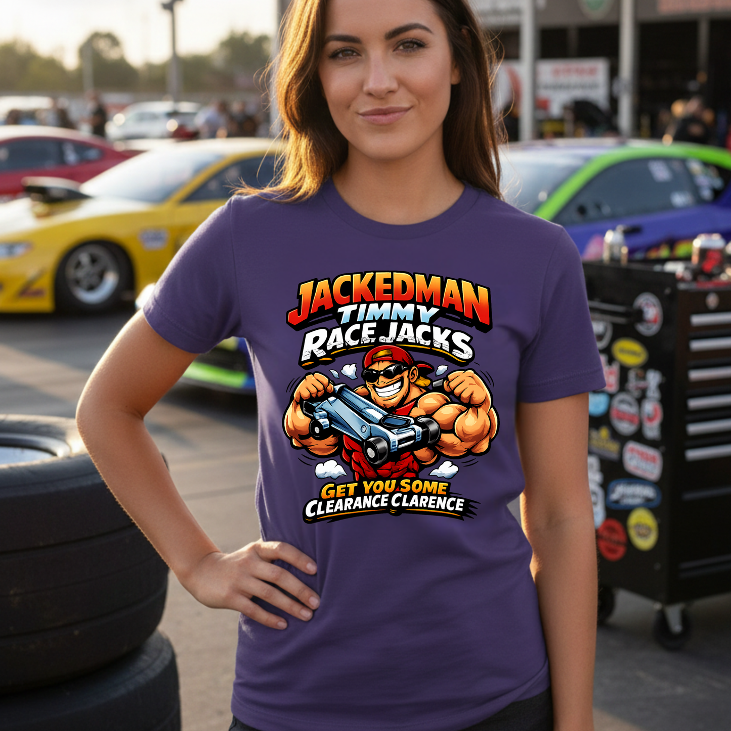 Woman wearing a purple t-shirt with a graphic design 'Jackedman Timmy Race  Jacks Get You Some Clearance Clarence' in a race car pit area