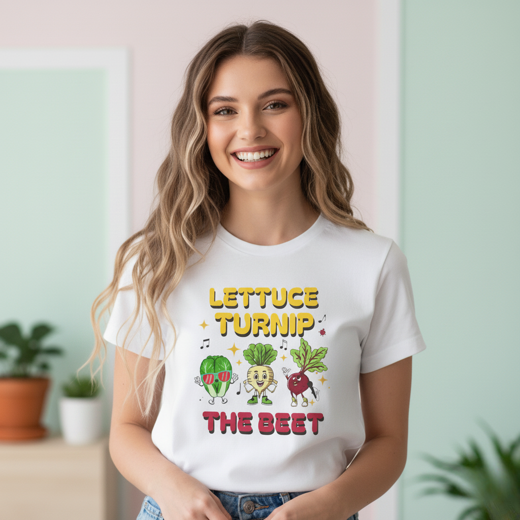 Woman wearing a white t-shirt with vegetable-themed design and text 'Lettuce Turnip the Beet', standing in a room with plants.