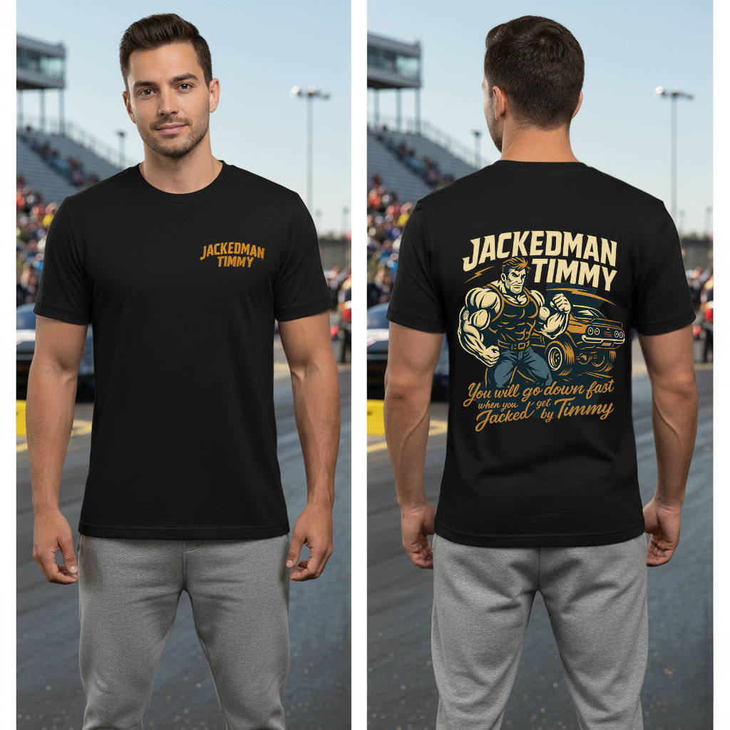 Man wearing a black t-shirt with 'Jackedman Timmy' design on a race track.