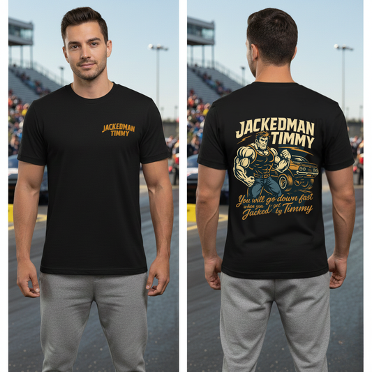 Man wearing a black t-shirt with 'Jackedman Timmy' design on a race track.