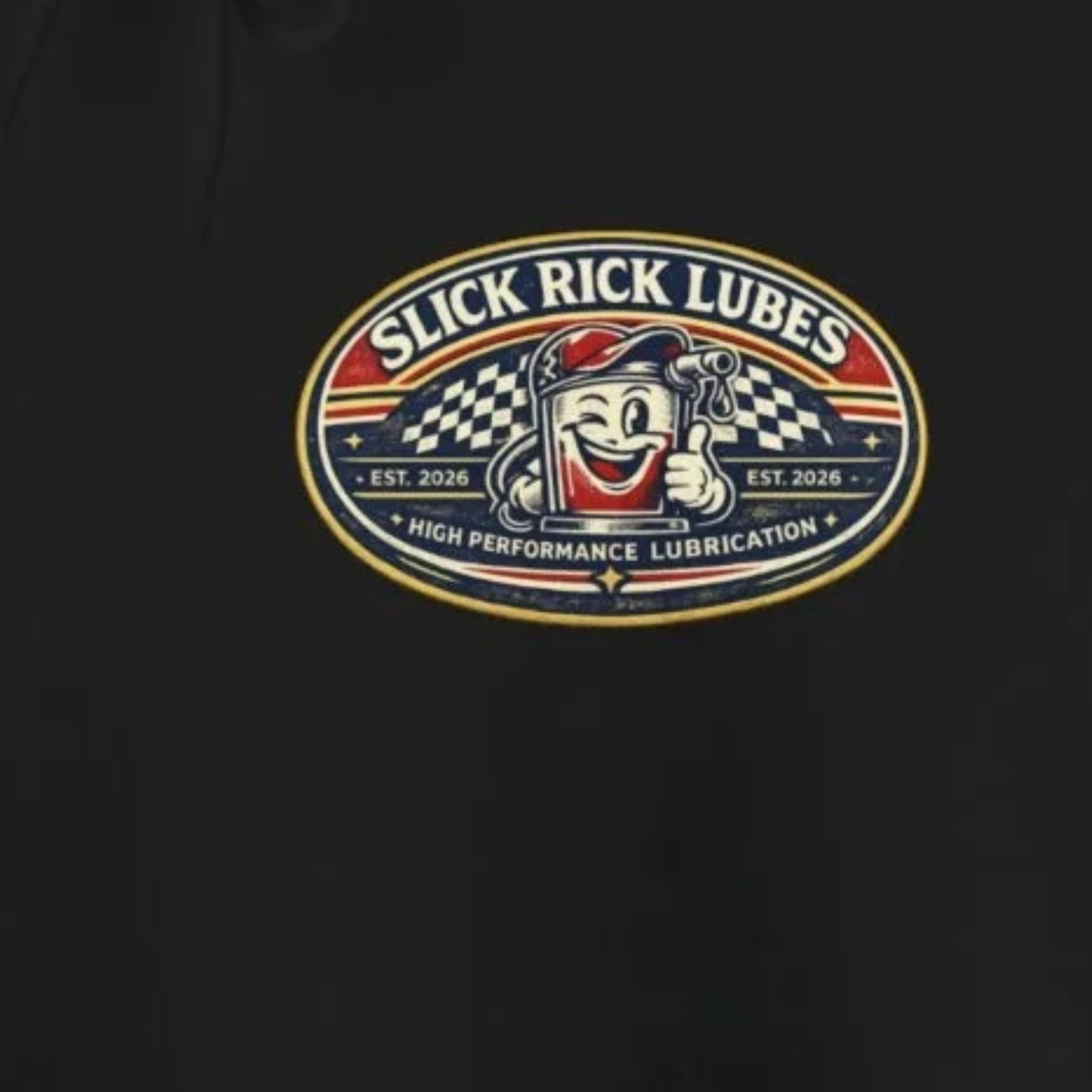Logo of Slick Rick Lubes on a black fabric hoodie