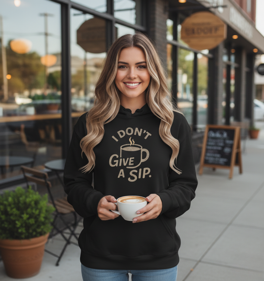 Woman wearing a black hoodie with a coffee-themed design, holding a cup of coffee outside a cafe.