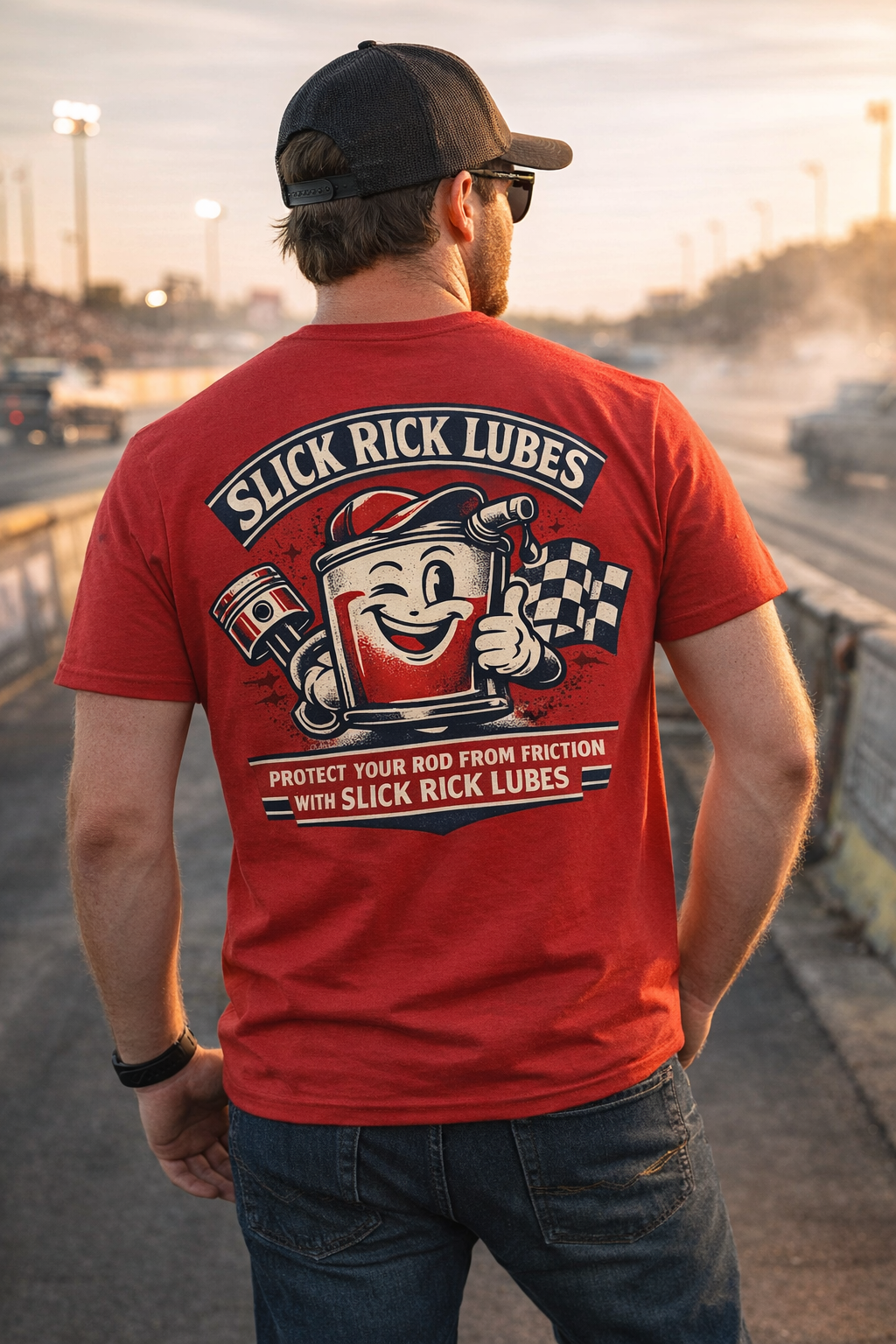 Person wearing a red 'Slick Rick Lubes' t-shirt on a drag strip with cars in the background.