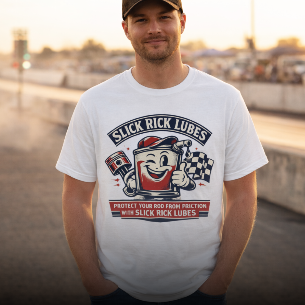 Man wearing Slick Rick Lubes funny drag racing shirt at drag strip trackside