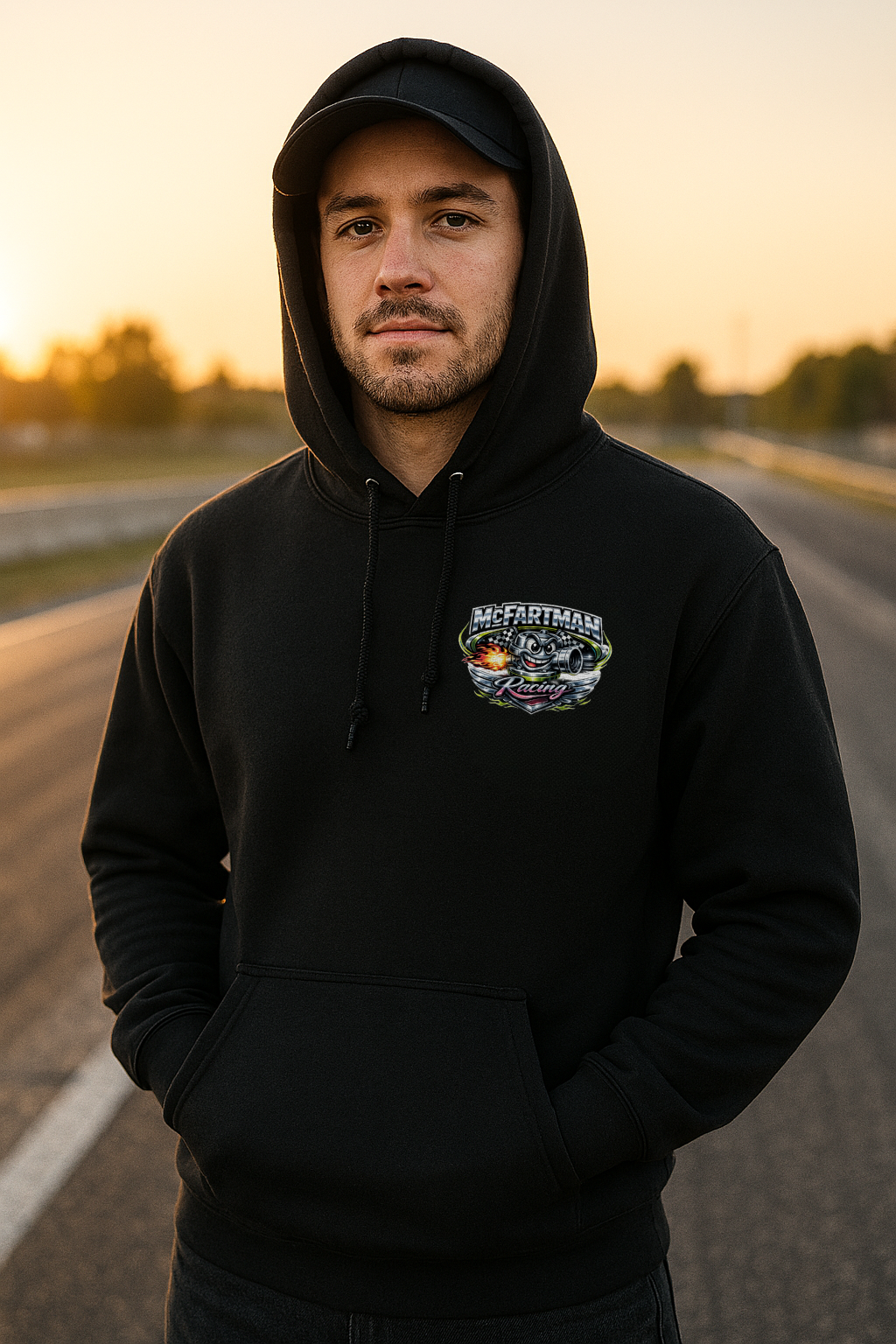 Person wearing a black hoodie with a 'McFartman Racing' logo on a road at sunset