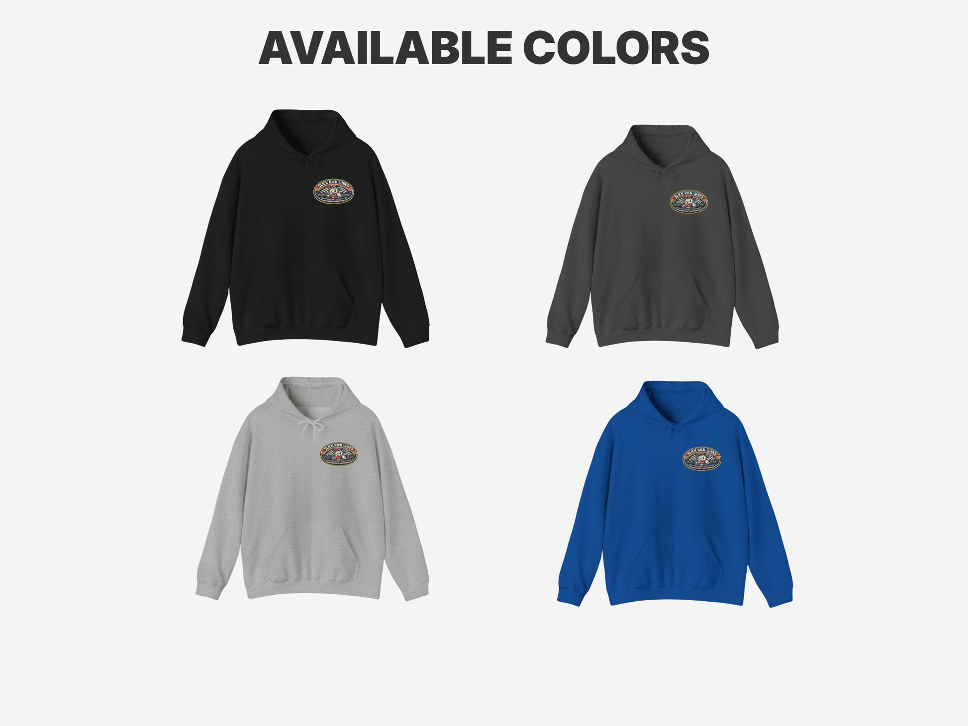 Four hoodies in black, gray, and blue with a logo on the chest against a white background.
