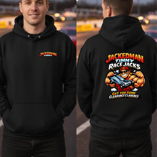 Black hoodie with 'Jackedman Timmy Race Jacks' logo on front and back, worn by a person.