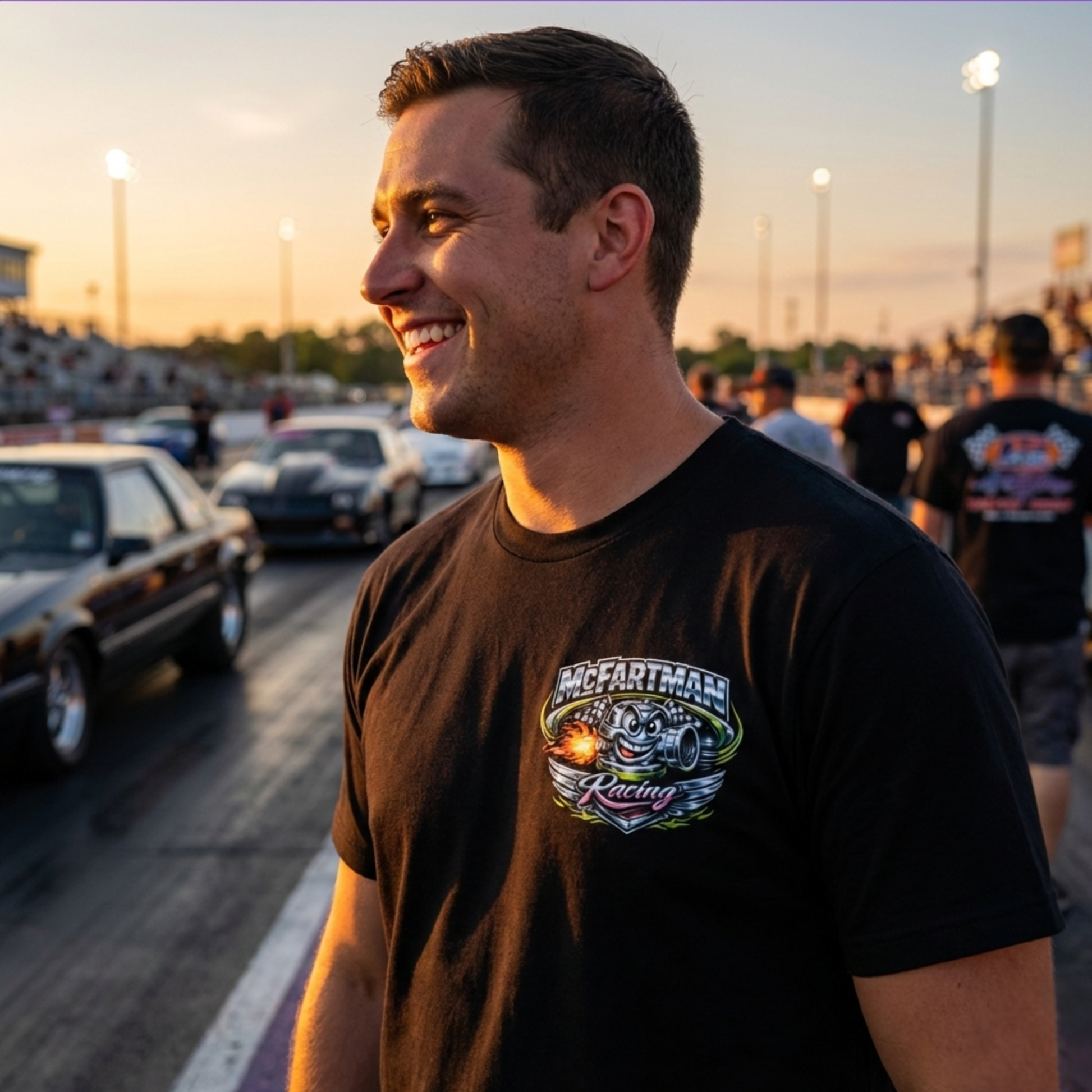 Man wearing a black t-shirt with a McFartman Racing logo at a race track during sunset.