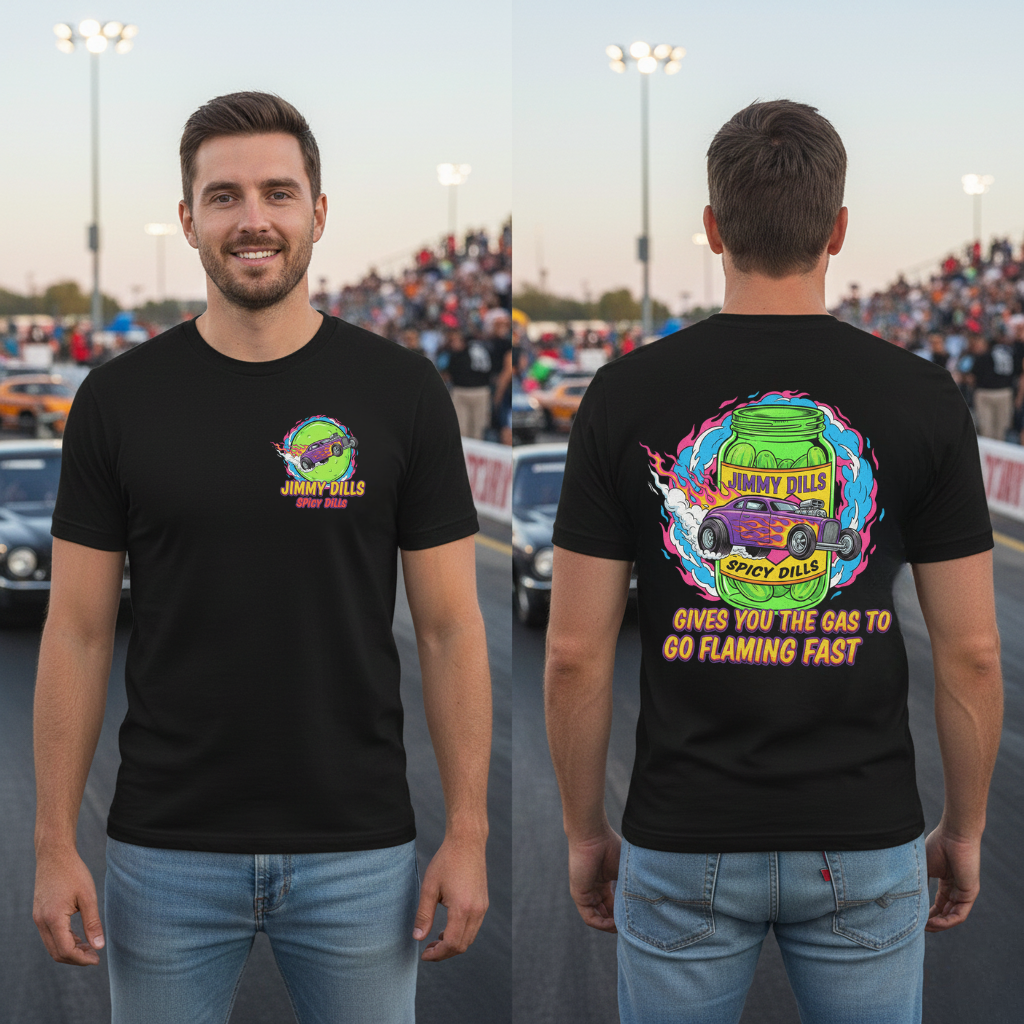 Man wearing a black Bella+Canvas 3001 t-shirt with 'Jimmy Dlls Spicy Dills' logo on the front and a graphic design of a pickle jag and hot rod with text 'Jimmy Dills Spicy Dills Gives You The Gas To GoFlaming Fast'