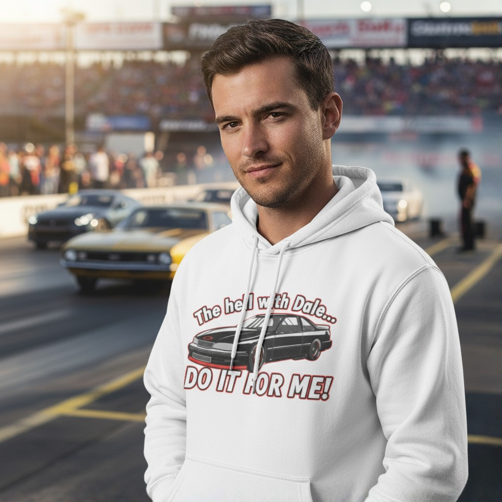 Man wearing a white hoodie with text 'The hell with Dale... DO IT FOR ME" and a car graphic at a race track.
