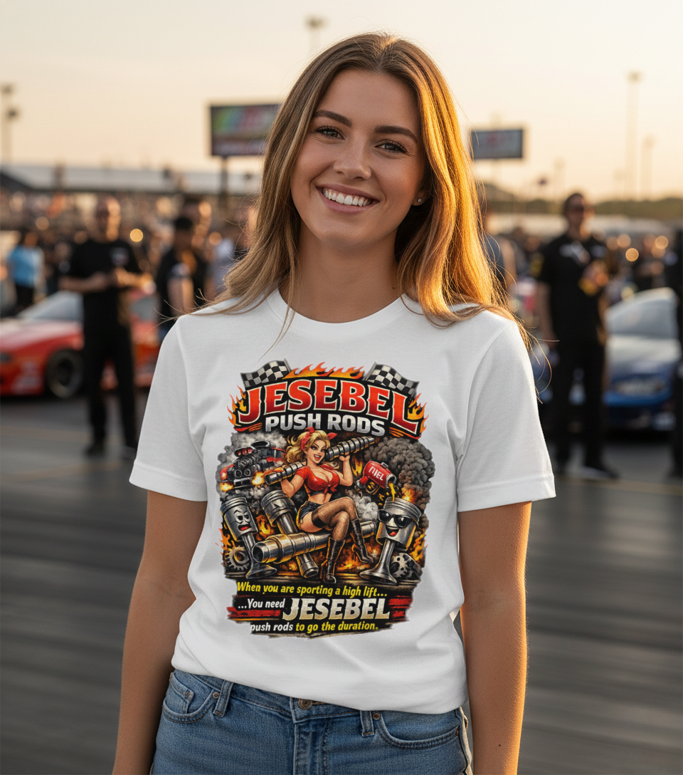 Woman wearing a white t-shirt with 'Jesabel Push Rods' graphic design at a race track.