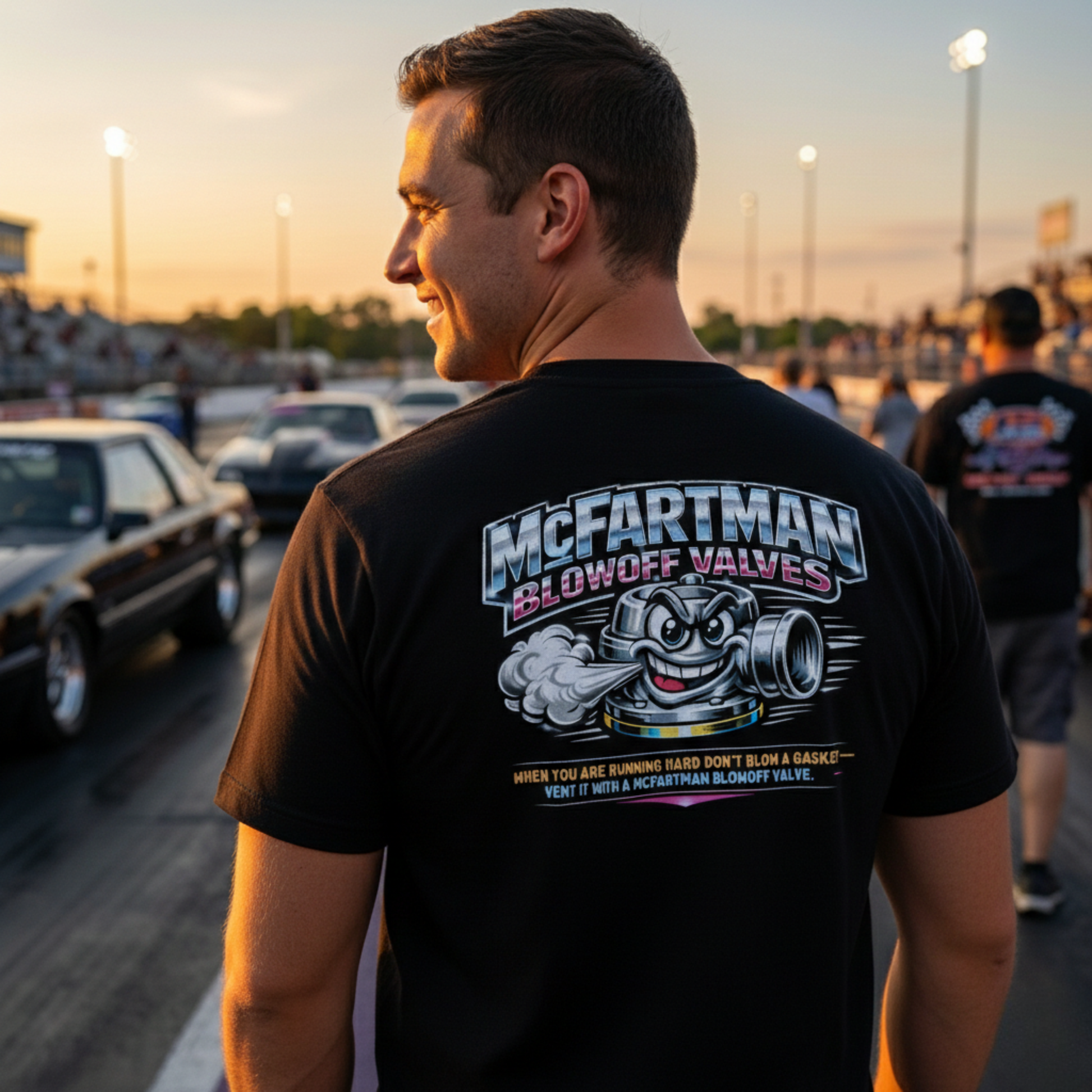 Man wearing a black t-shirt with 'McFartman Blowoff Valves' graphic at a race track.