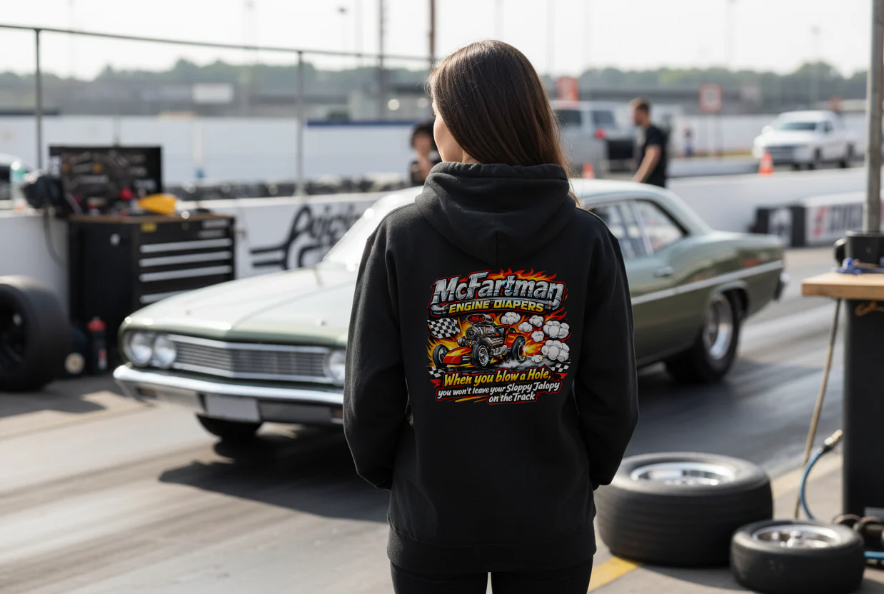 Person wearing a hoodie with a car-themed design and  'McFartman Engine Diapers When You Blow a Hole You Won't Leave Your Sloppy Jalopy On The Track' text in a racing environment