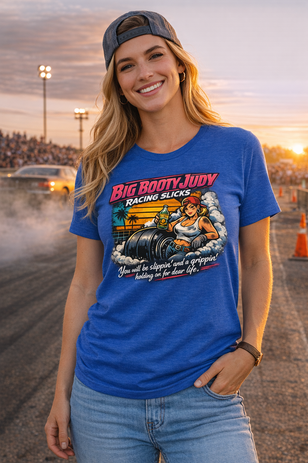 Woman wearing a blue t-shirt with a graphic design and 'Big Booty Judy Racing Slicks You will be slippin' and a grippin' holding on for dear life' text at a race track.