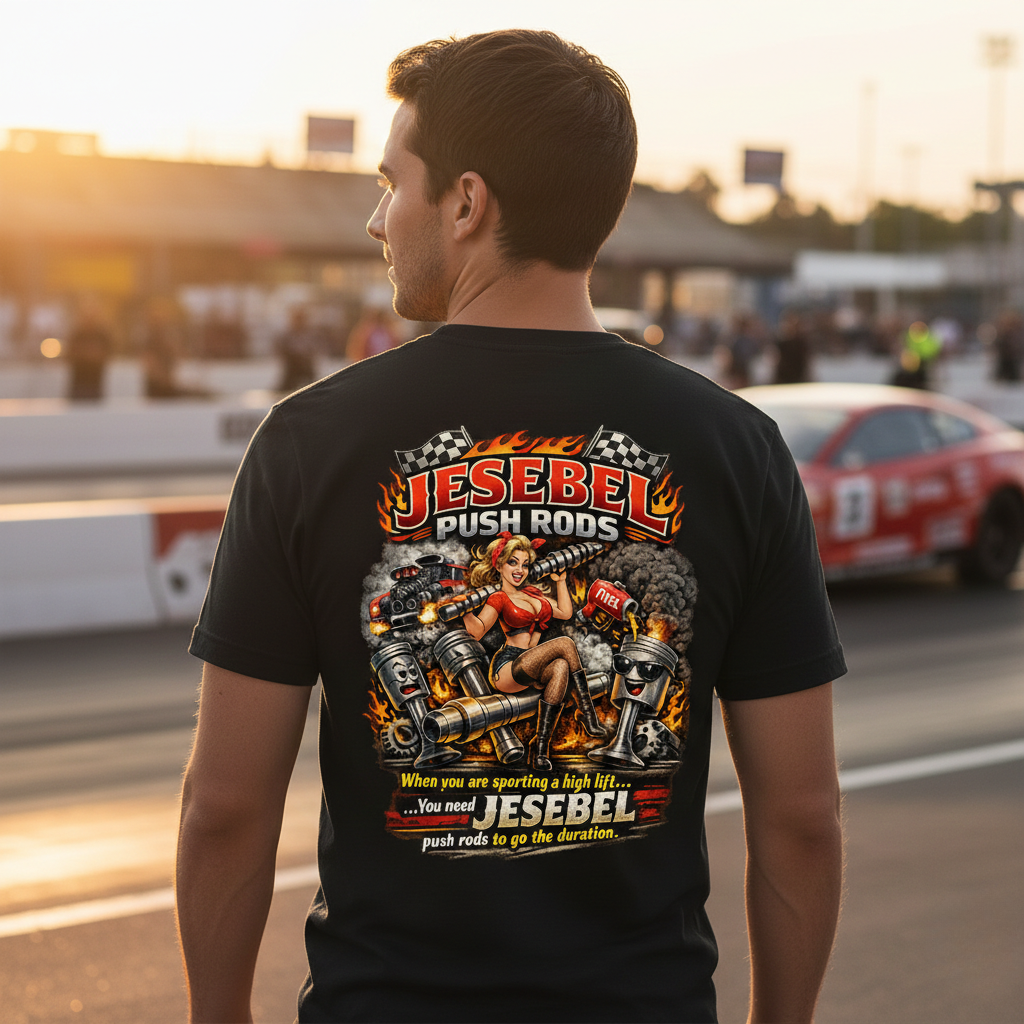 Man wearing a black t-shirt with 'Jesabel Push Rods' graphic design at a race track.