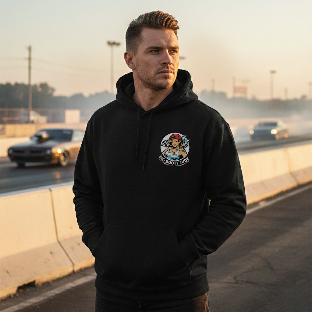 Man wearing a black hoodie with a 'Big Booty Judy' logo on a race track