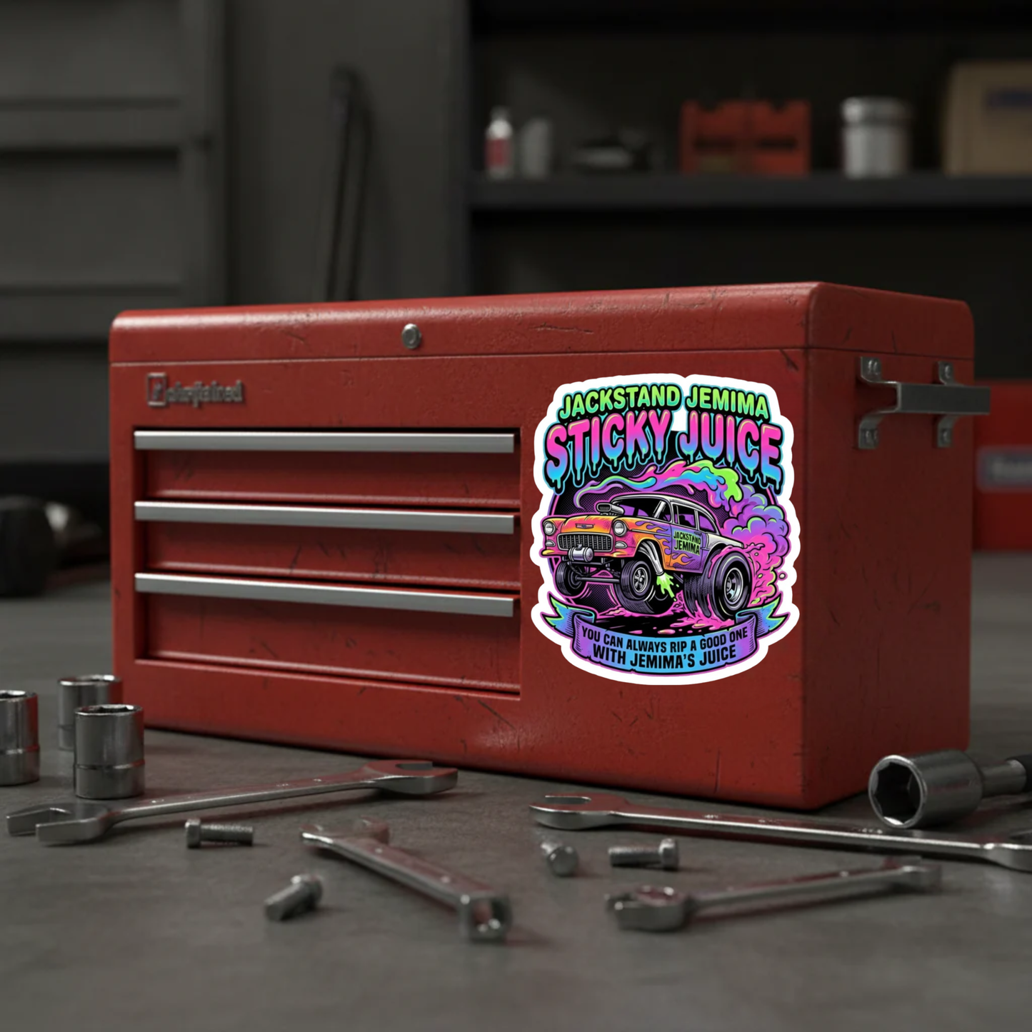 Red toolbox with a colorful 'Sticky Juice' sticker in a garage setting
