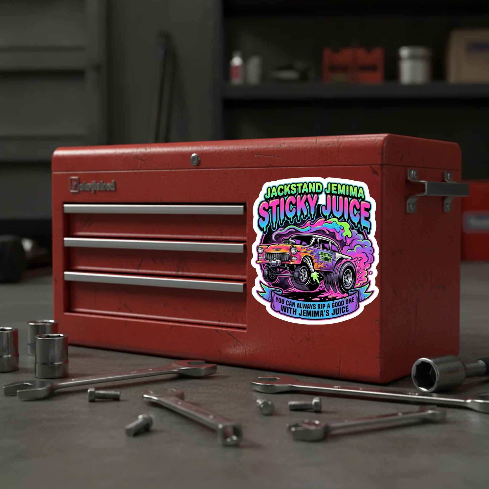 Red toolbox with a colorful 'Sticky Juice' sticker in a garage setting