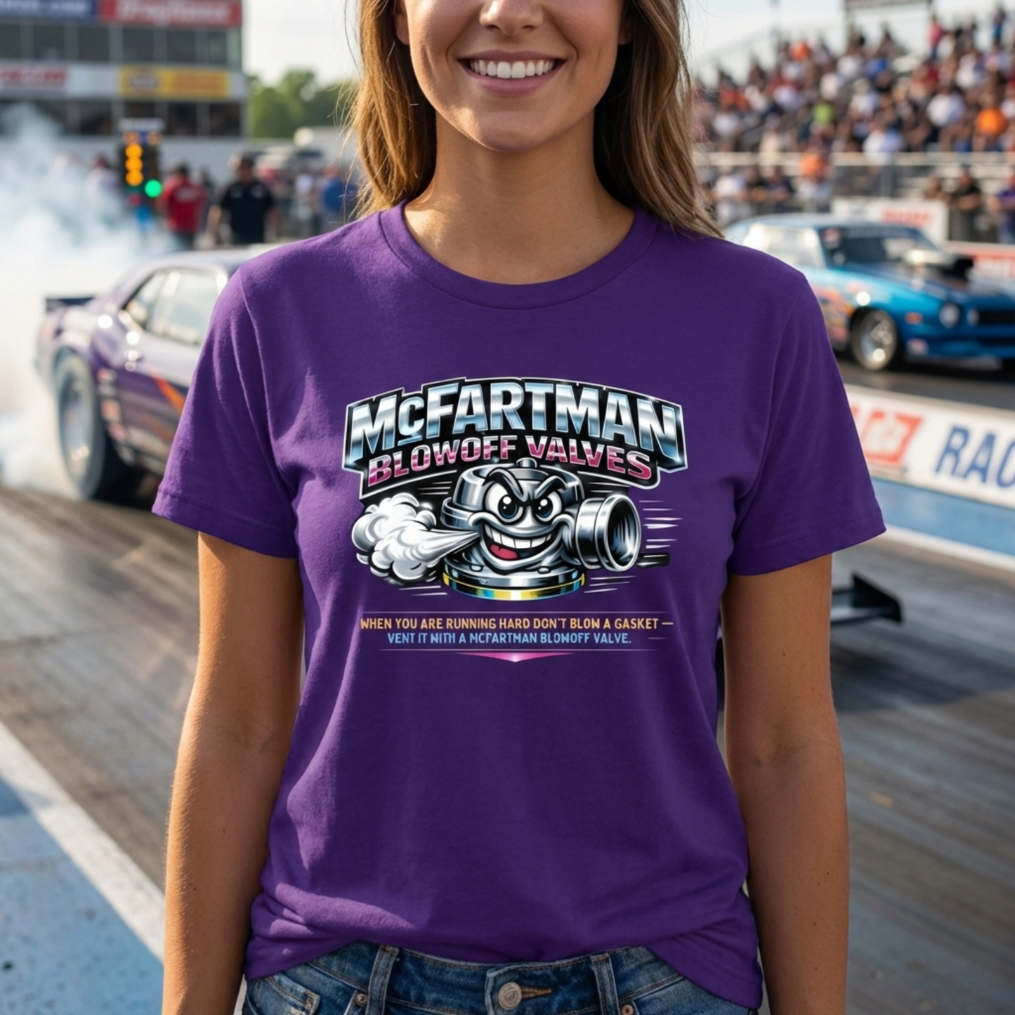 Person wearing a purple t-shirt with a graphic design and 'McFartman Blowoff Valves When You Are Running Hard Don't Blow A Gasket Vent It With A McFartman Blowout Valve' text, standing in front of a drag racing event.