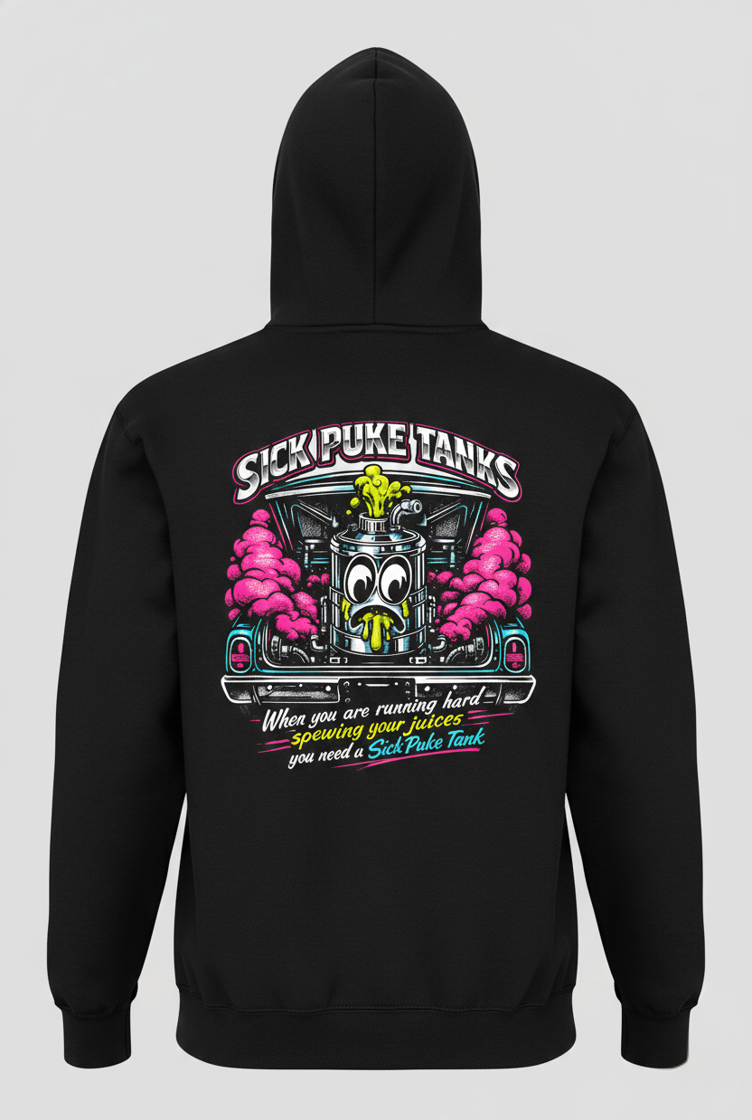 Black hoodie with colorful graphic and 'Sick Puke Tank When you are running hard spewing your juices you need a Sick Puke Tank' text on the back