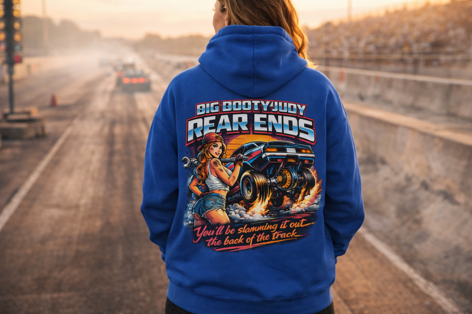 Person wearing a blue hoodie with a graphic design and 'Big Booty Judy Rear Ends You'll be slamming it out the back of the track' text on the back, standing on a race track.