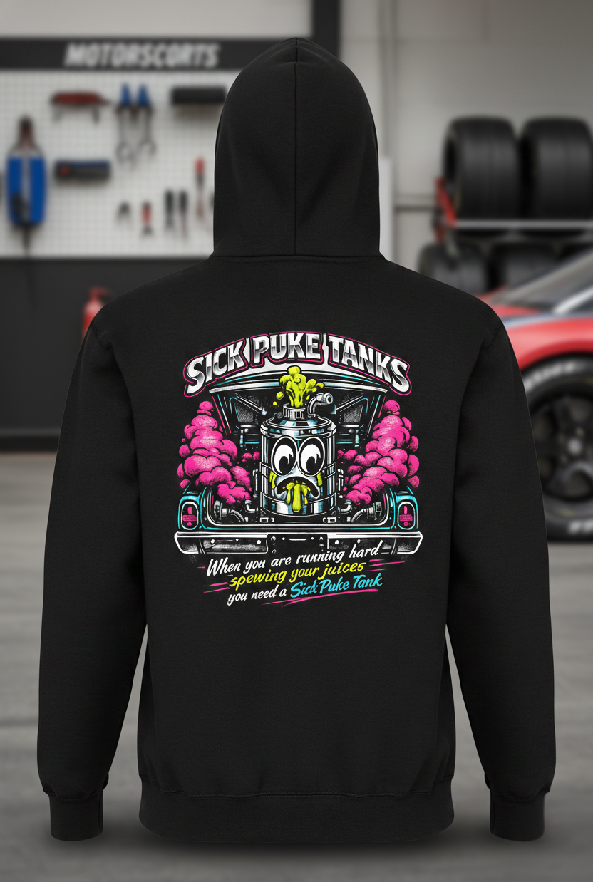 Black hoodie with a colorful graphic and 'Sick Puke Tanks When you are running hard spewing your juices you need a Sick Puke Tank' text on the back