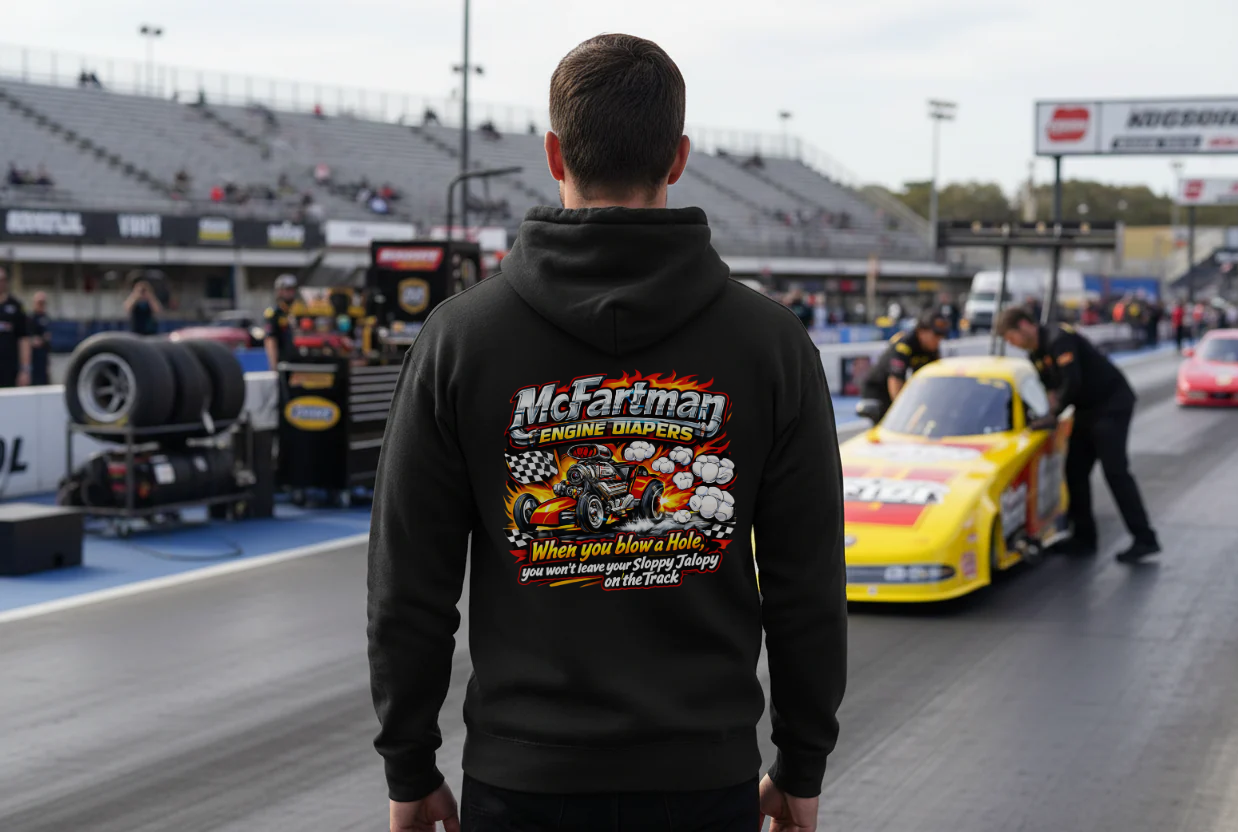 Person wearing a hoodie with a racing-themed design and 'McFartman Engine Diapers When You Blow a Hole You Won't Leave Your Sloppy Jalopy On The Track' text at a race track.