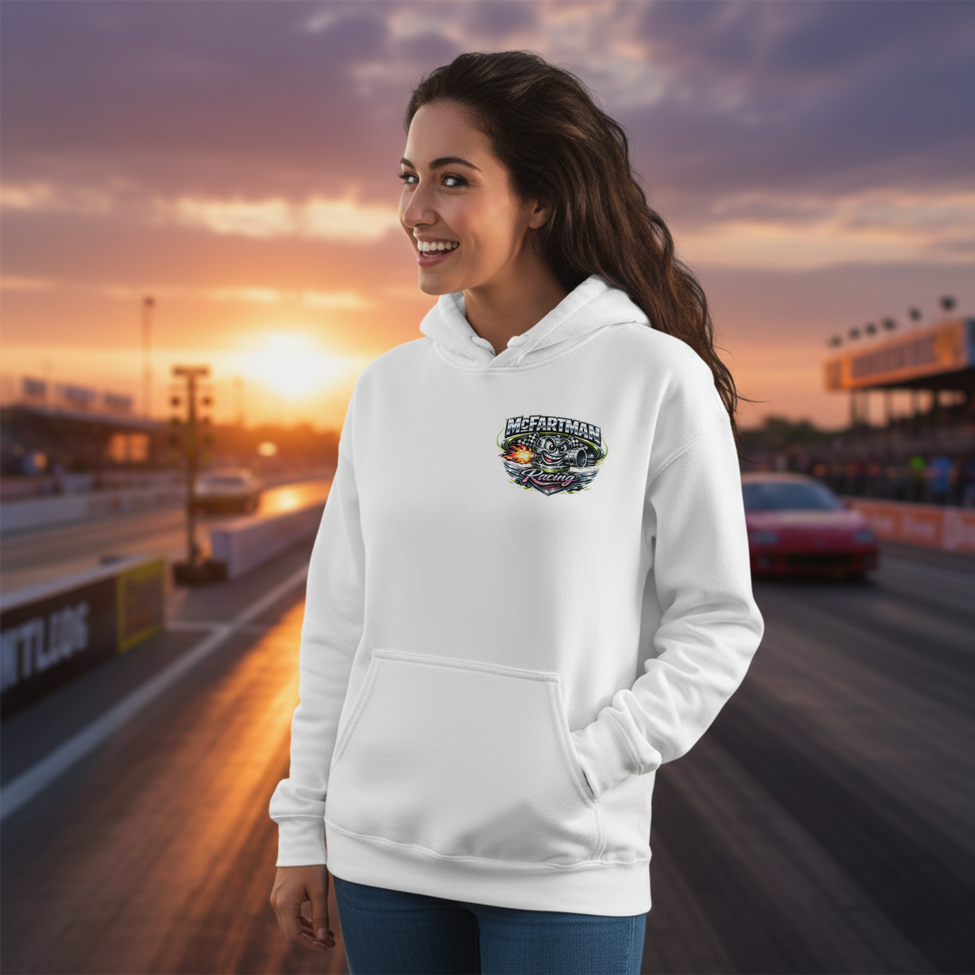 Woman wearing a white hoodie with a 'McFartman Racing' logo on a race track at sunset