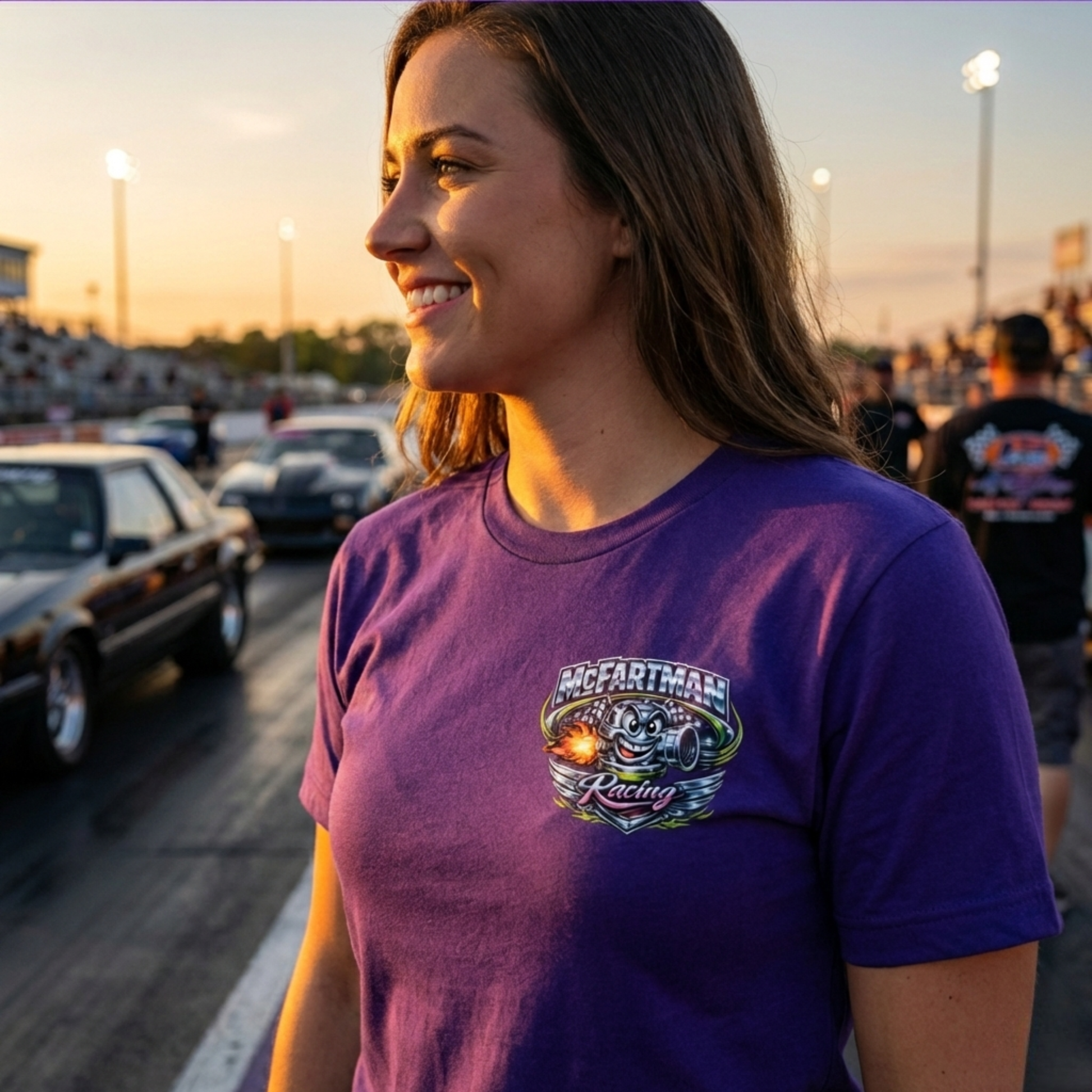 Woman wearing a purple t-shirt with a 'McFartman Racing' logo at a race track during sunset.