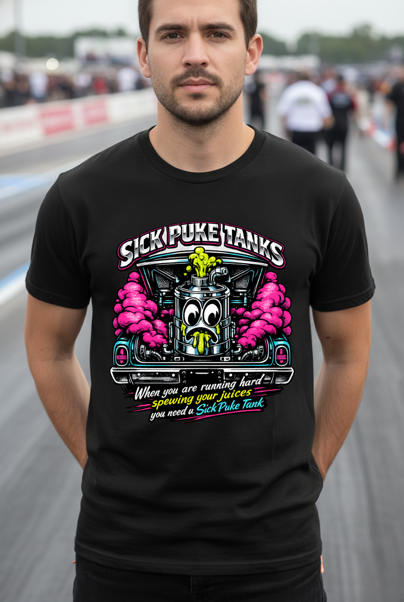 Man wearing a black Bella+Canvas 3001 t-shirt with a graphic design and 'Sick Puke Tanks When you are running hard spewing your juices you need a Sick Puke Tank' text standing at a drag strip