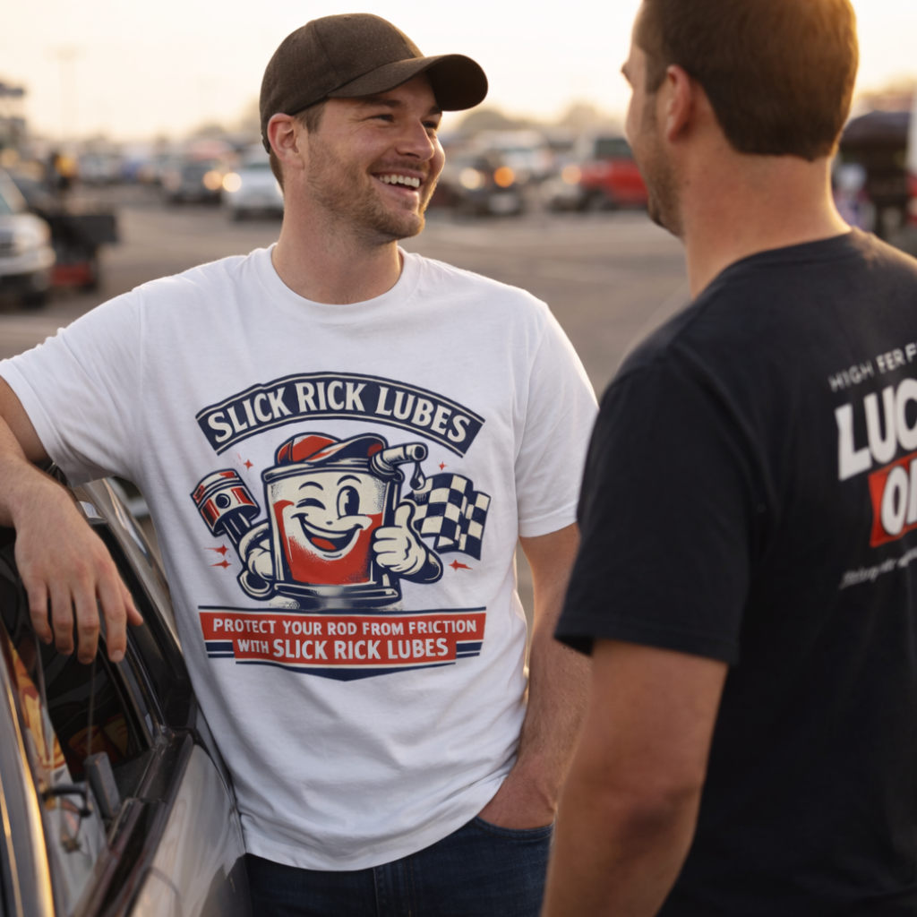 Funny car guy shirt worn at drag racing event with racers in background