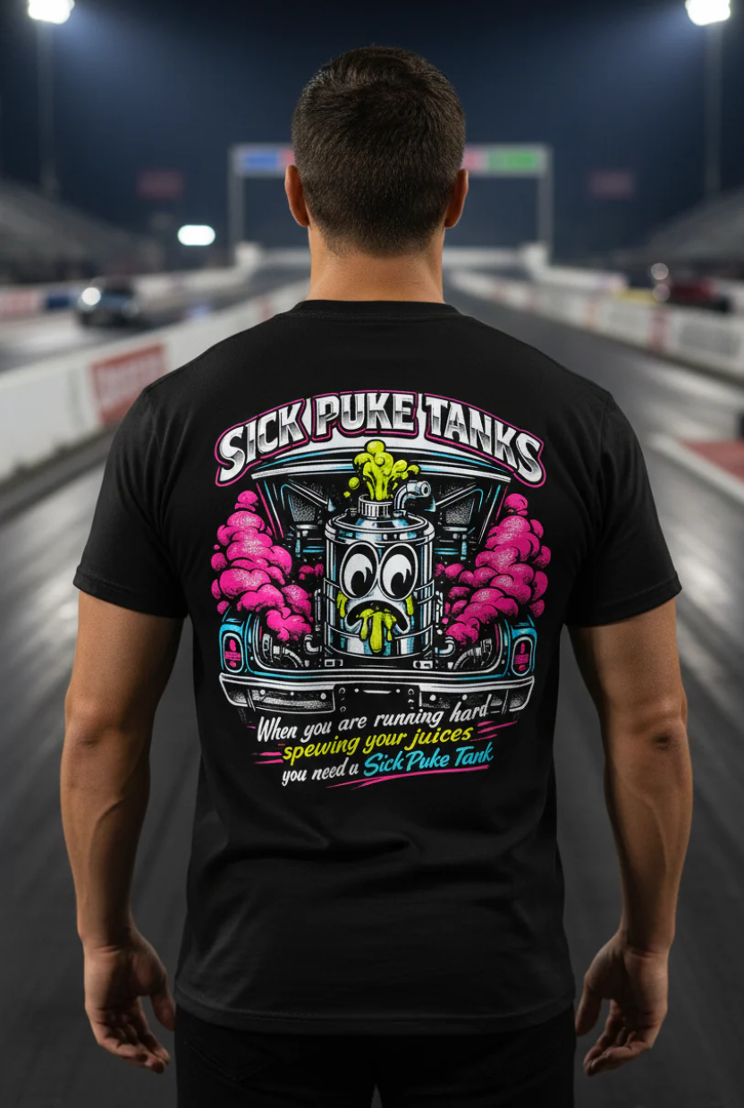 Man wearing a black Bella+Canvas 3001 t-shirt with a colorful graphic design and 'Sick Puke Tanks When you are running hard spewing your juices you need a Sick Puke Tank' text on back standing on a drag strip