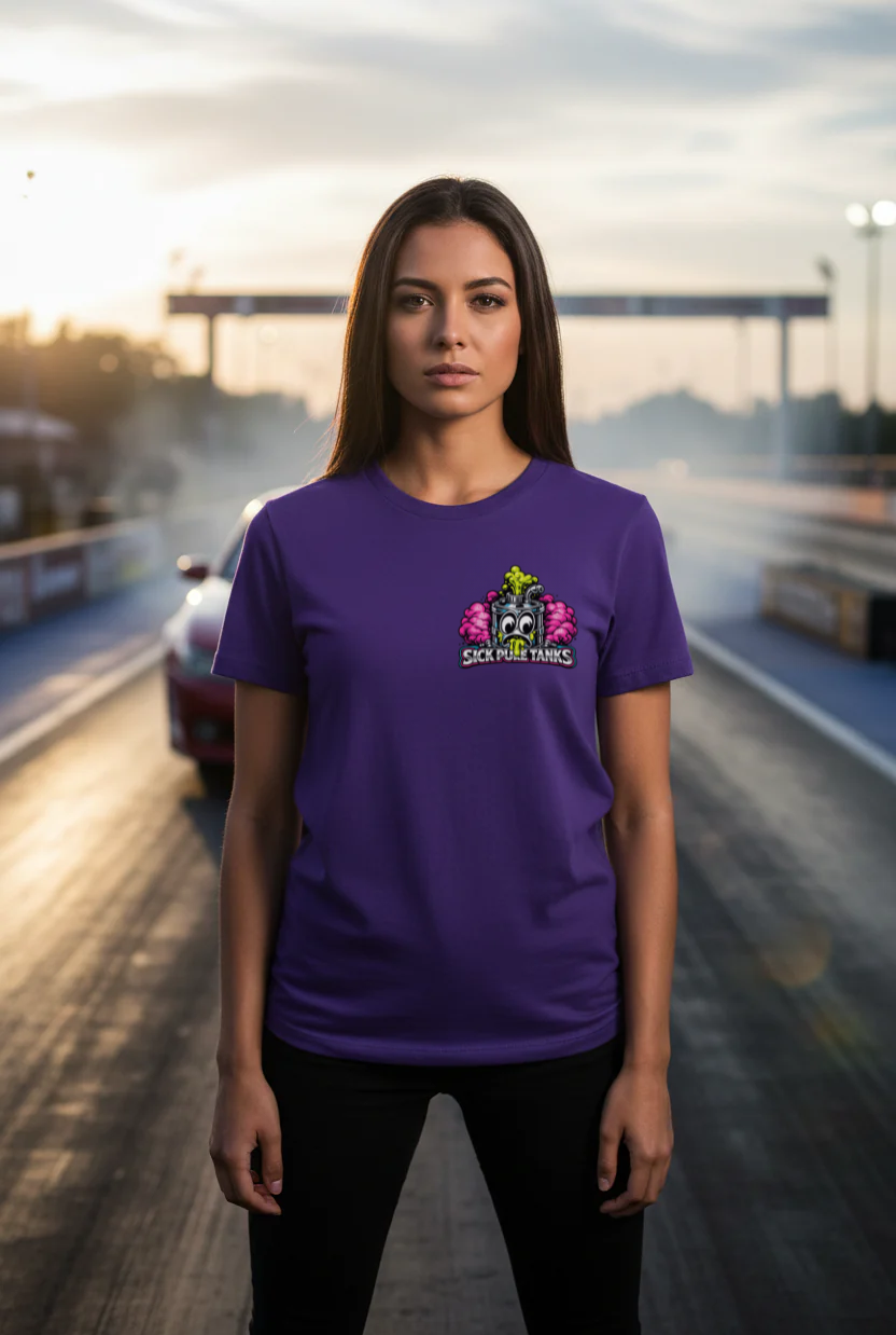 Woman wearing a purple t-shirt with a colorful 'Sick Puke Tanks' logo, standing on a drag strip