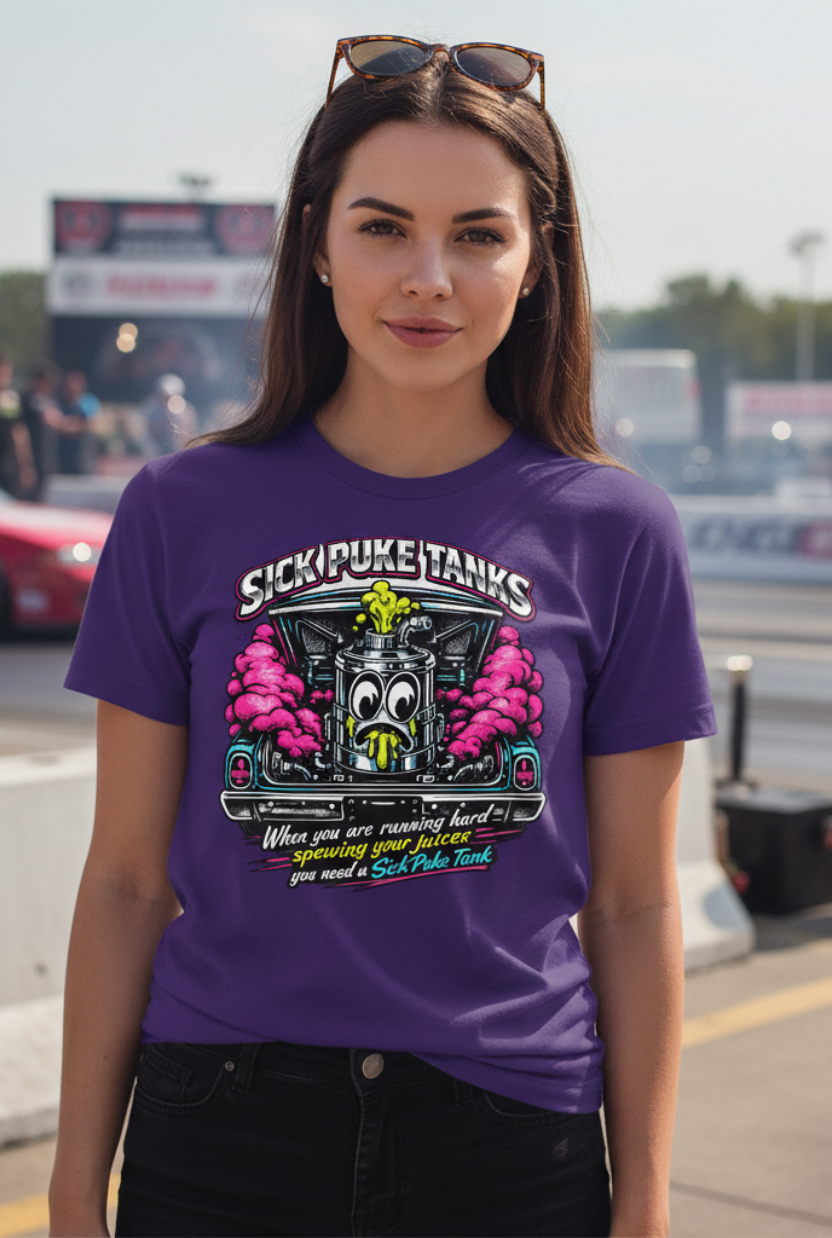 Woman wearing a purple t-shirt with a graphic design and 'Sick Puke Tanks When you are running hard spewing your juices you need a Sick Puke Tank' text standing at a drag strip