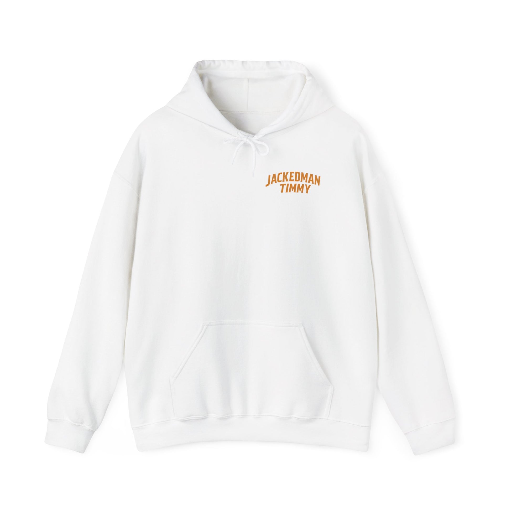 White hoodie with 'Jackedman Timmy' text on a white background