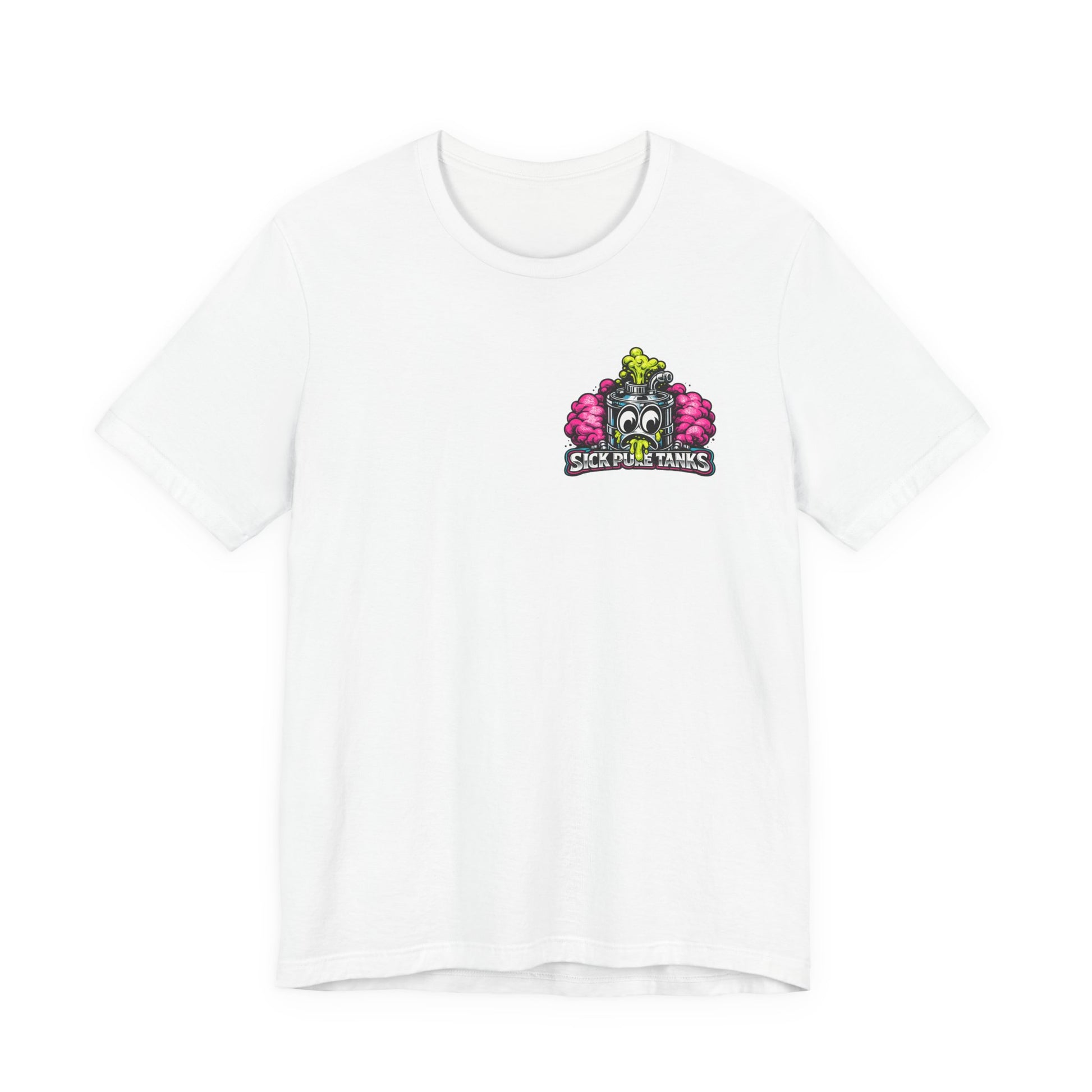 White t-shirt with a colorful 'Sick Puke Tanks' logo