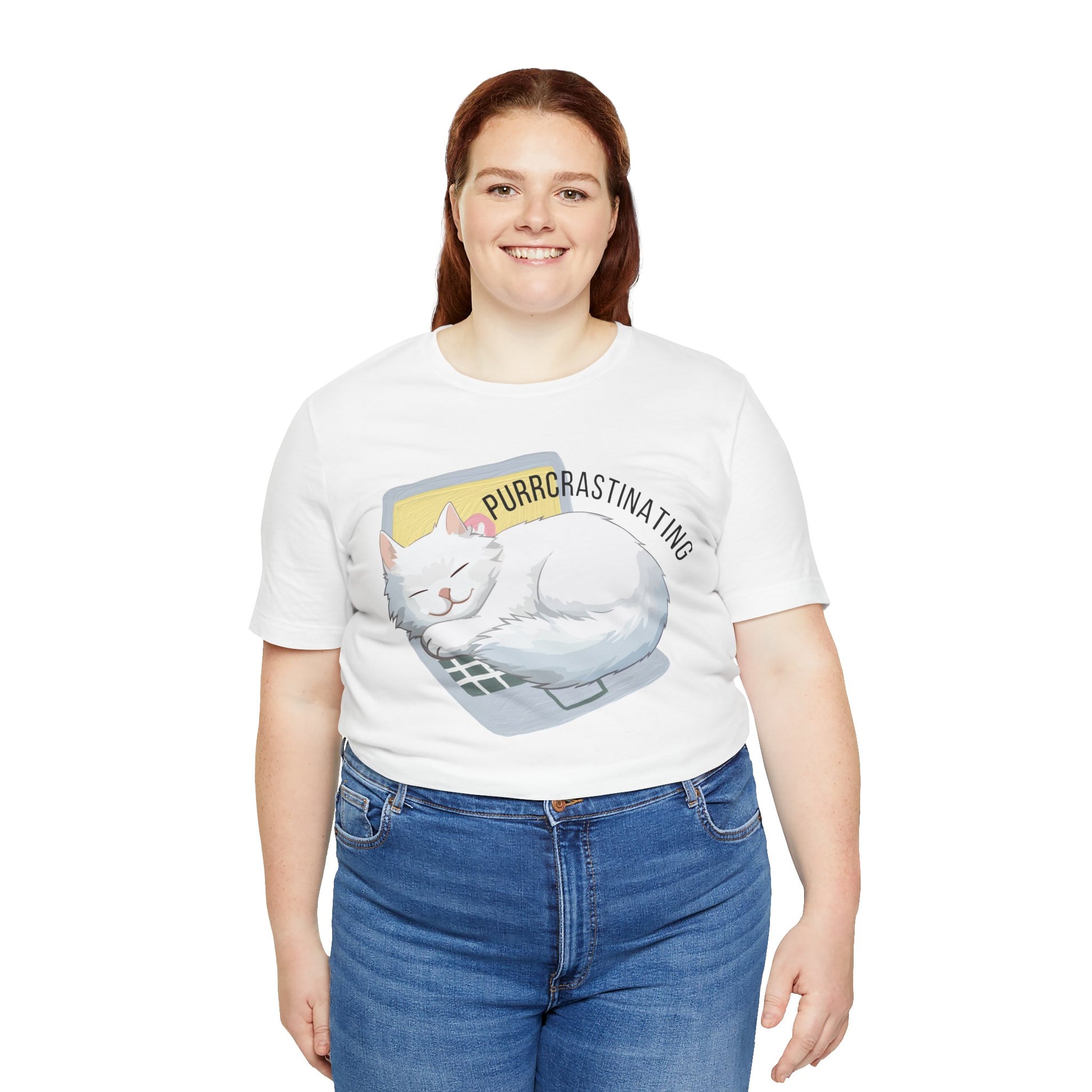 Person wearing a white t-shirt with a cat graphic and text 'Purrcrastinating' on a white background