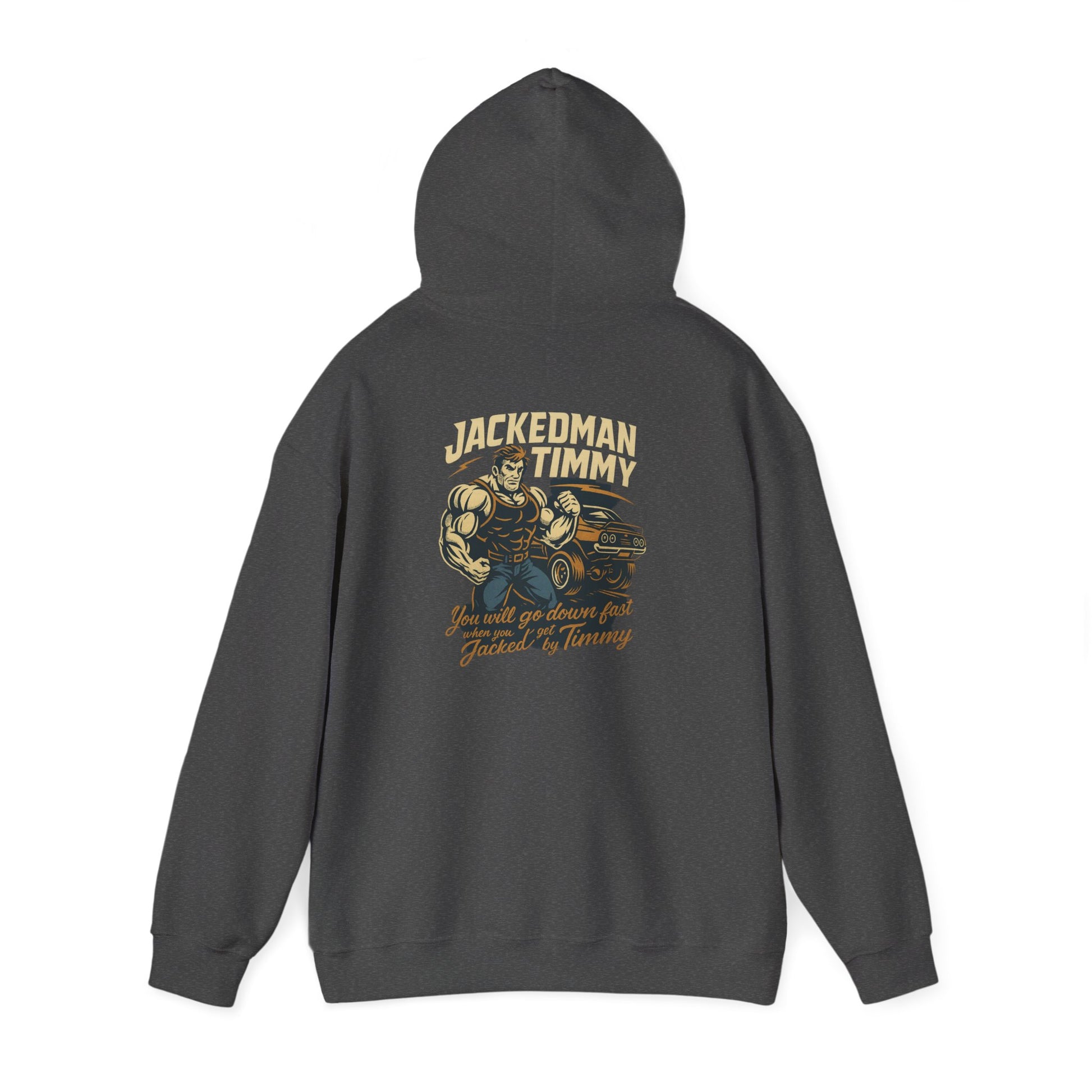 Gray hoodie with 'Jackedman Timmy' graphic on the back against a white background