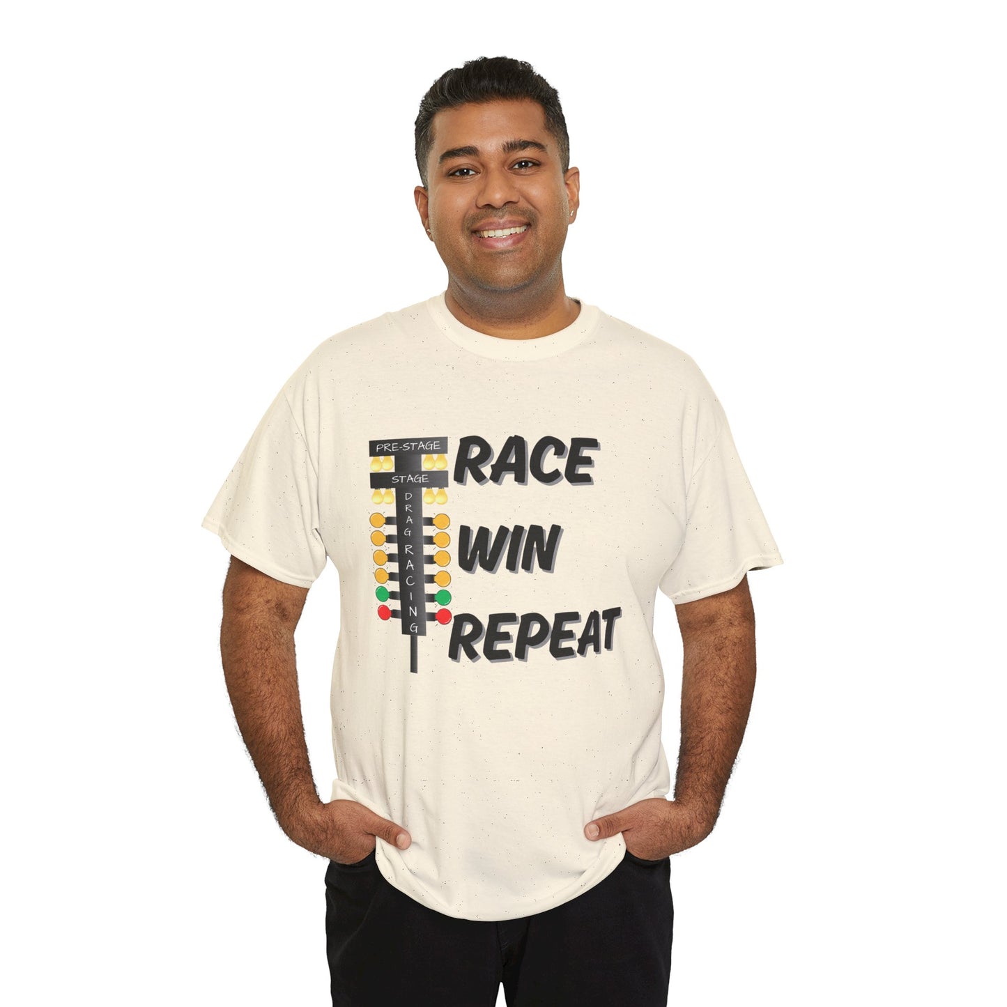 Man wearing a white t-shirt with text 'Race Win Repeat' design on a white background
