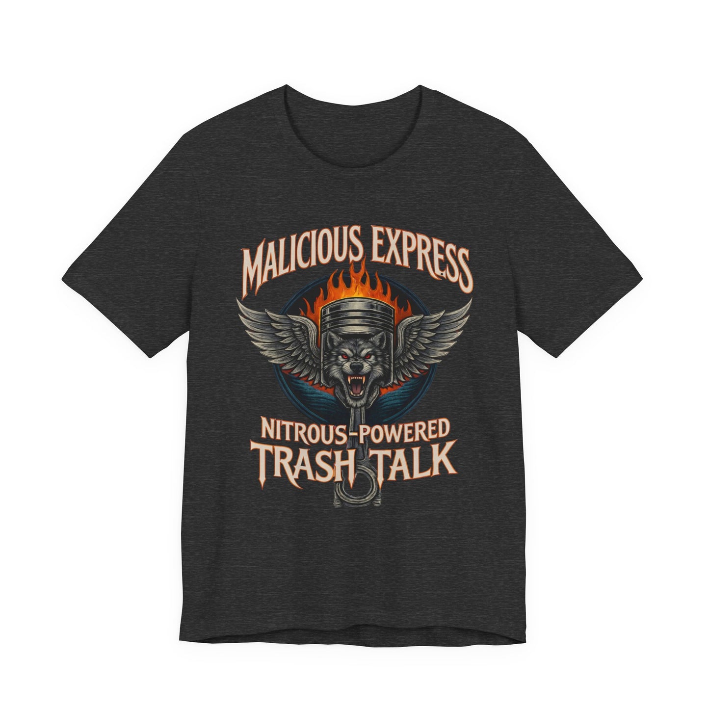 Black t-shirt with graphic design and  'Malicious Express Nitrous-Powered Trash Talk' text on a white background
